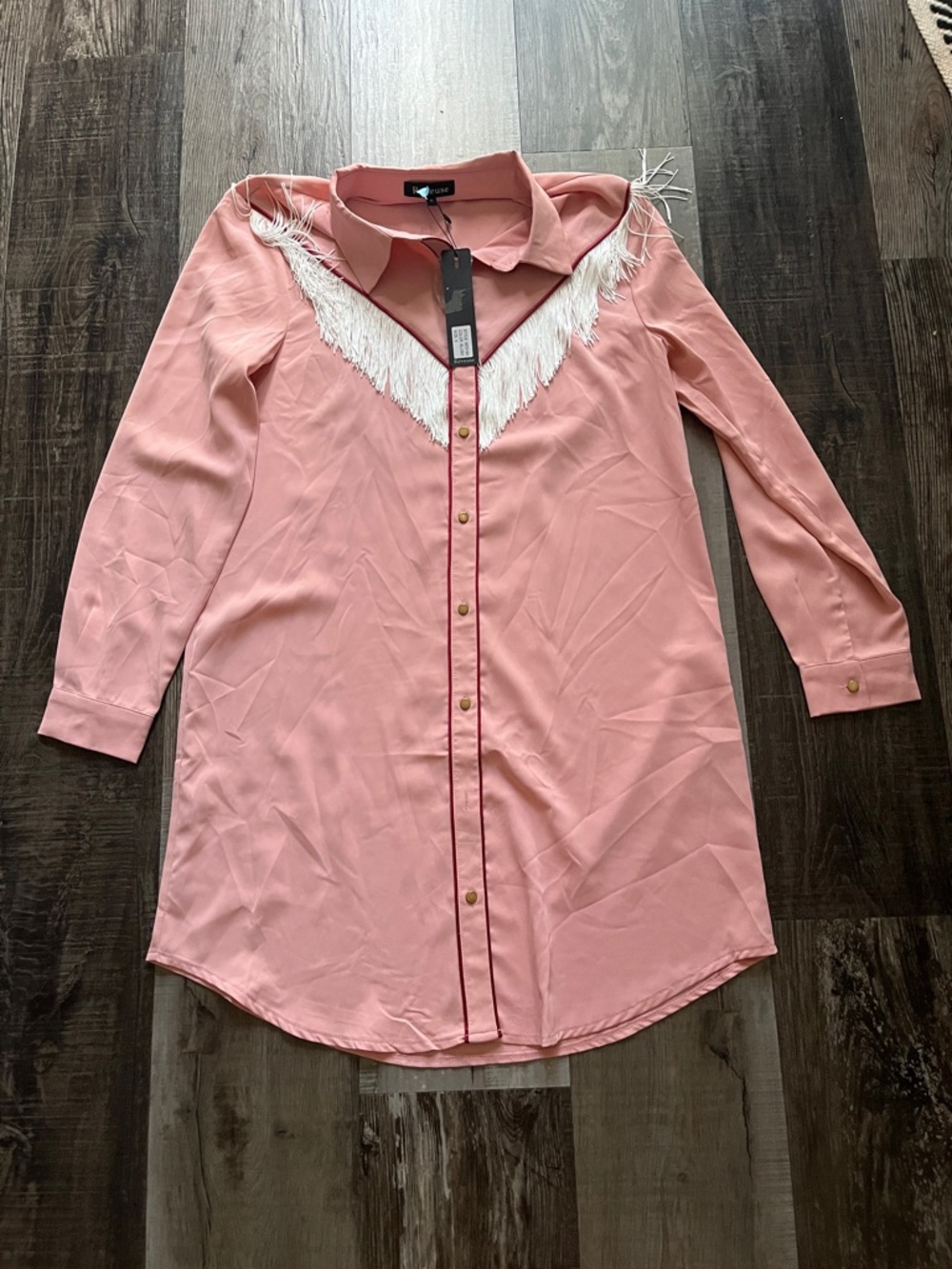 Pink Fringe-Trim Button Front Shirt Dress